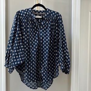 Anthropologie Navy and White Patterned Blouse